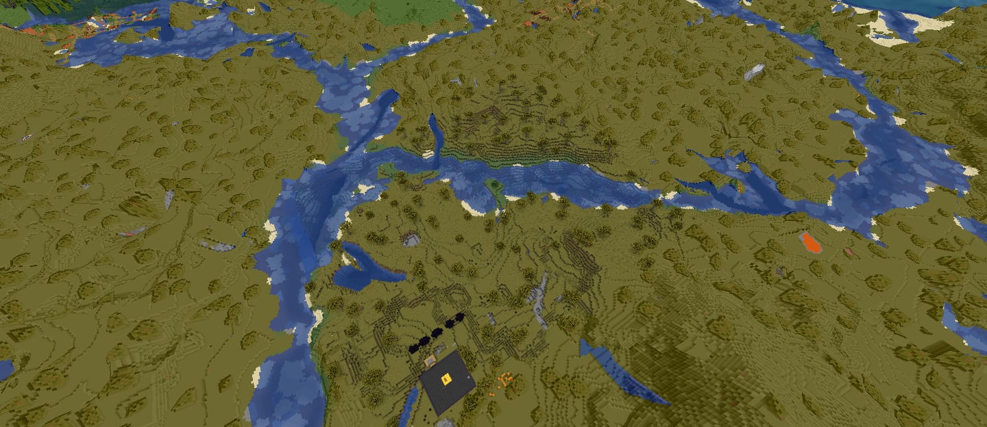 Spawn from above, a dark platform beside the river with the savanna around it