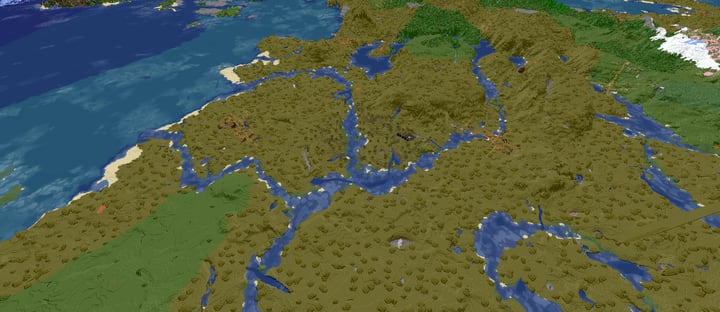 The Loadd world from above: savanna, rivers and coastline, rendered from the live map